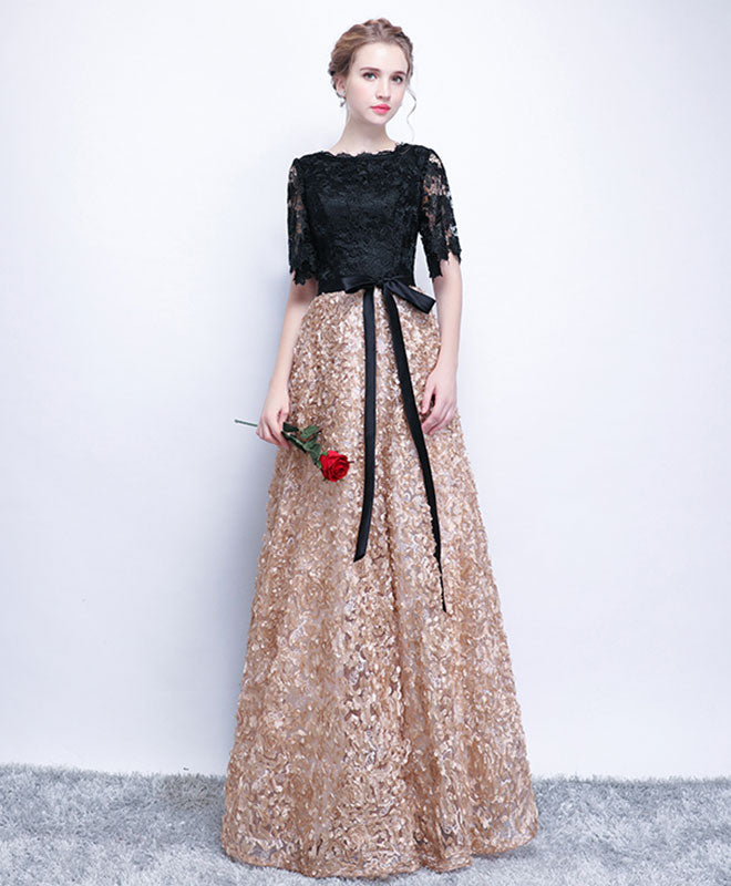 A-Line Black Lace Long Prom Dress, Lace Evening Dress