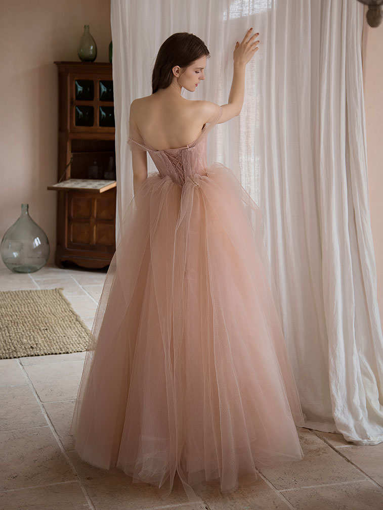 Pink Sweetheart Neck Tulle Long Prom Dress, Pink Evening Dress
