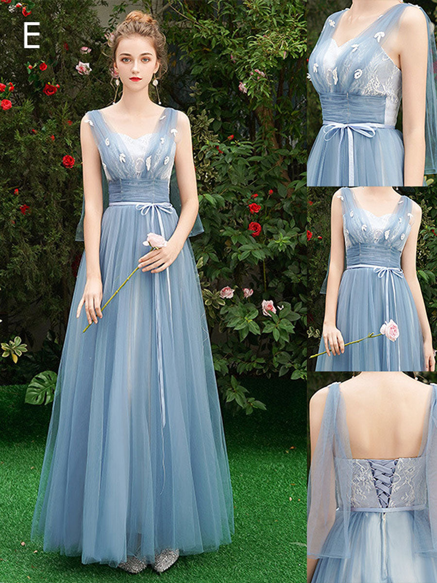 Simple A line Lace Blue Long Prom Dresses, Blue Lace Bridesmaid Dresses