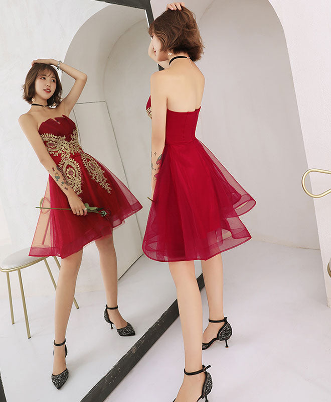 Burgundy Tulle Lace Short Prom Dress, Burgundy Homecoming Dress