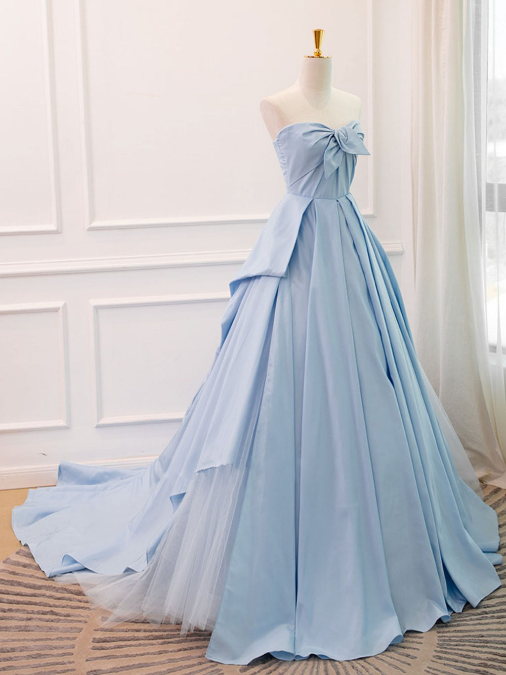 A-Line Sweetheart Neck Satin Tulle Blue Long Prom Dress, Blue Evening Dress