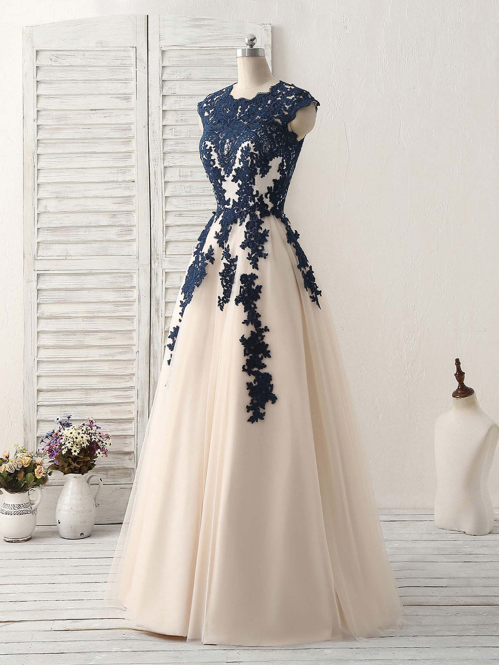 Dark Blue Long Prom Dress, Blue Tulle Bridesmaid Dresses shopluu Dark Blue Long Prom Dress, Blue Tulle Bridesmaid Dresses shopluu