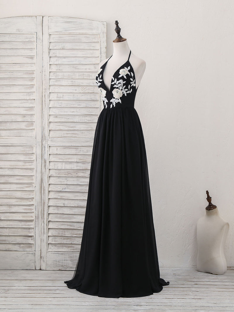 Black V Neck Chiffon Lace Long Prom Dress Black Evening Dress