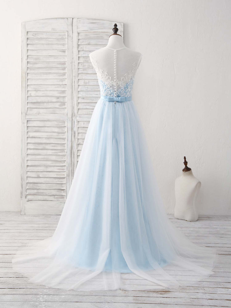 Blue Round Neck Tulle Lace Applique Long Prom Dresses