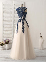 Dark Blue Lace Applique Tulle Long Prom Dress Blue Bridesmaid Dress