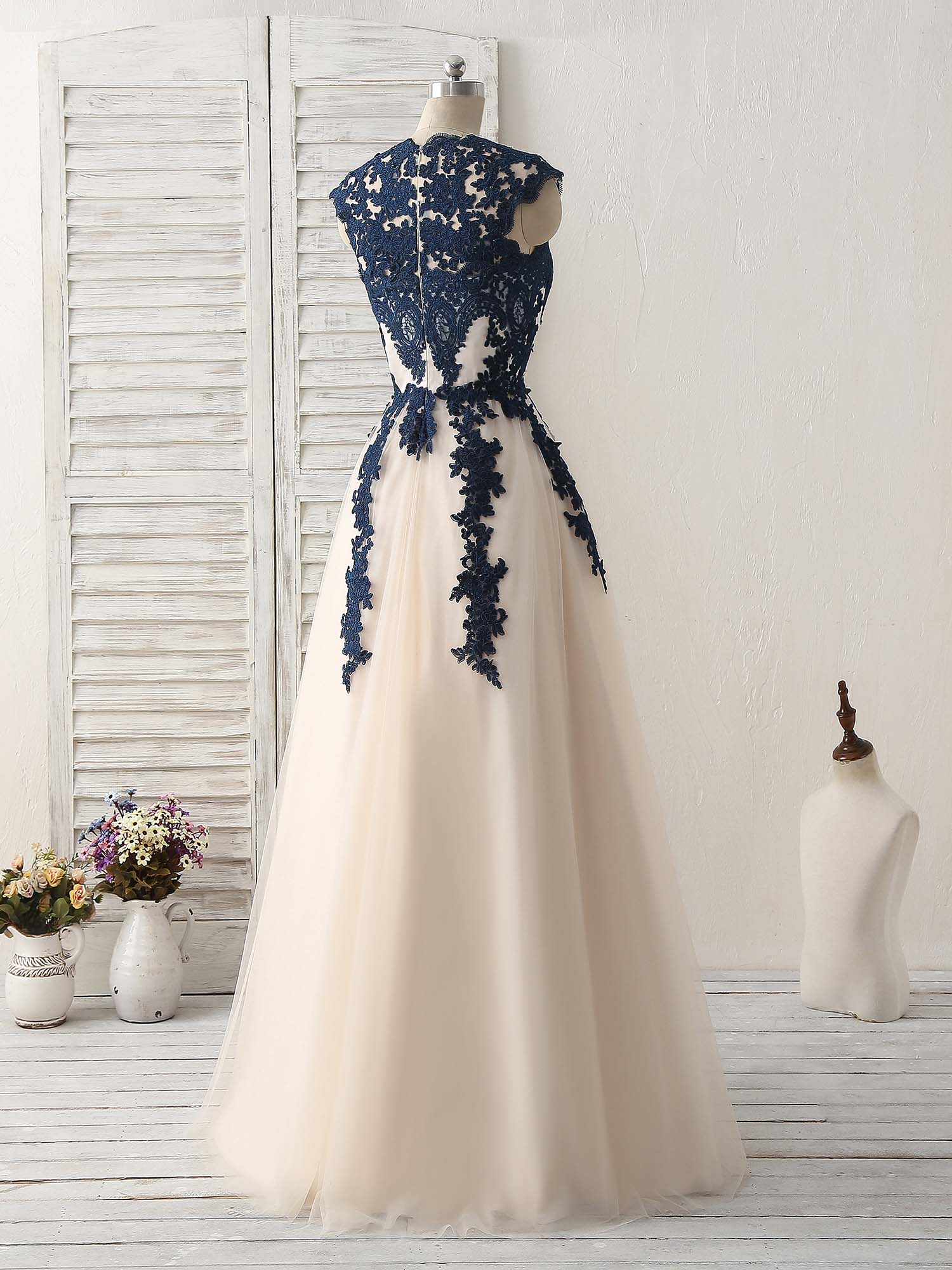 Dark Blue Lace Applique Tulle Long Prom Dress Blue Bridesmaid Dress US 12 / Custom Color Dark Blue Lace Applique Tulle Long Prom Dress Blue Bridesmaid Dress US 12 / Custom Color