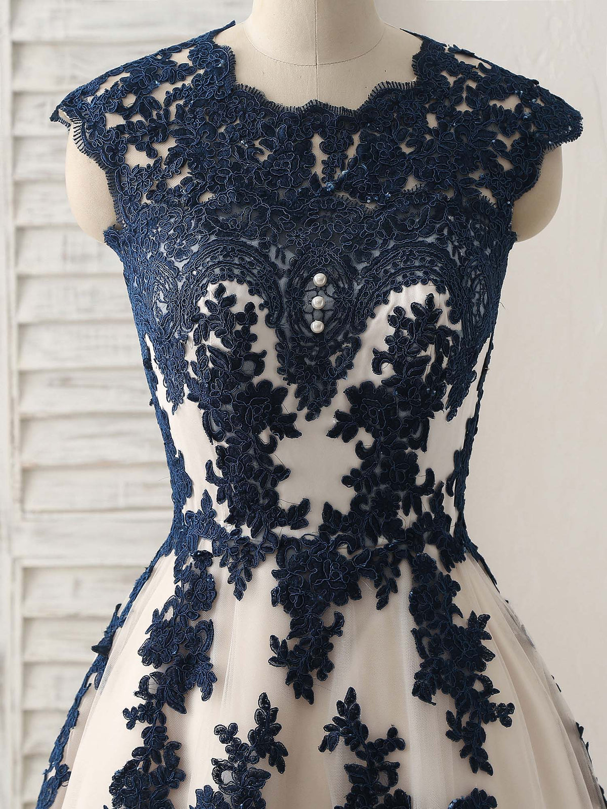 Dark Blue Lace Applique Tulle Long Prom Dress Blue Bridesmaid Dress
