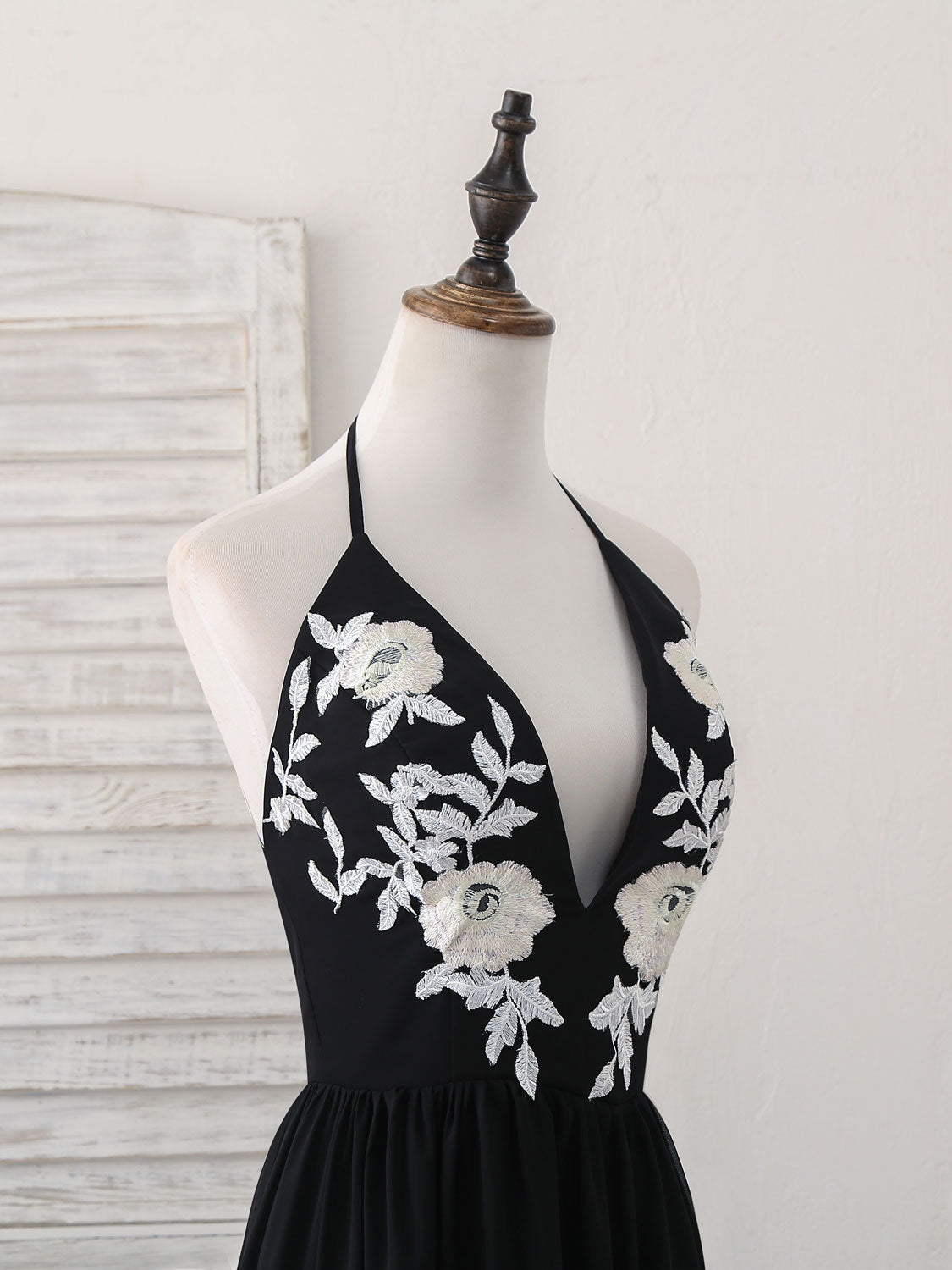 Black V Neck Chiffon Lace Long Prom Dress Black Evening Dress – shopluu