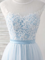 Blue Round Neck Tulle Lace Applique Long Prom Dresses