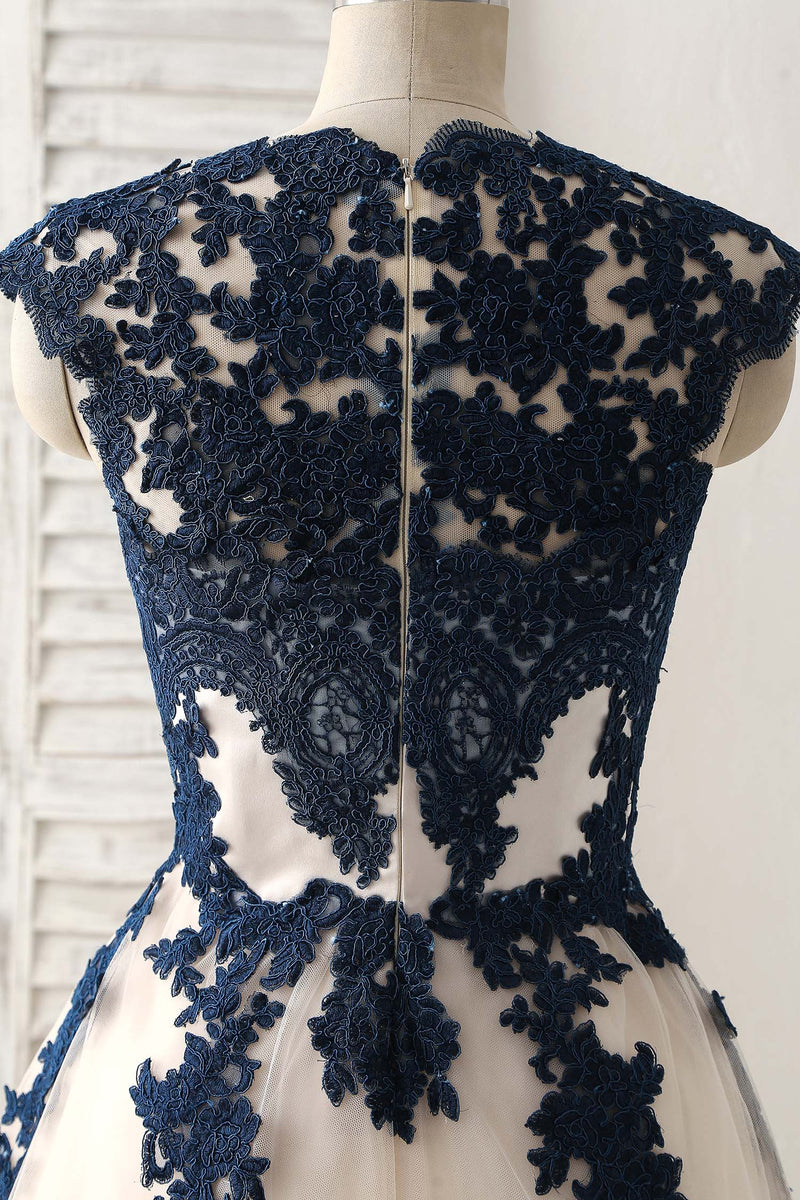 Dark Blue Lace Applique Tulle Long Prom Dress Blue Bridesmaid Dress shopluu Dark Blue Lace Applique Tulle Long Prom Dress Blue Bridesmaid Dress shopluu