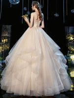 Champagne v neck tulle long wedding gown champagne wedding dress