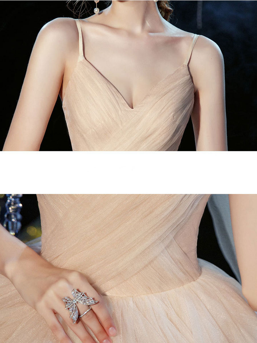 Champagne v neck tulle long wedding gown champagne wedding dress