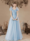 A-Line Sweetheart Neck Tulle Long Prom Dress, Blue Formal Graduation Dresses