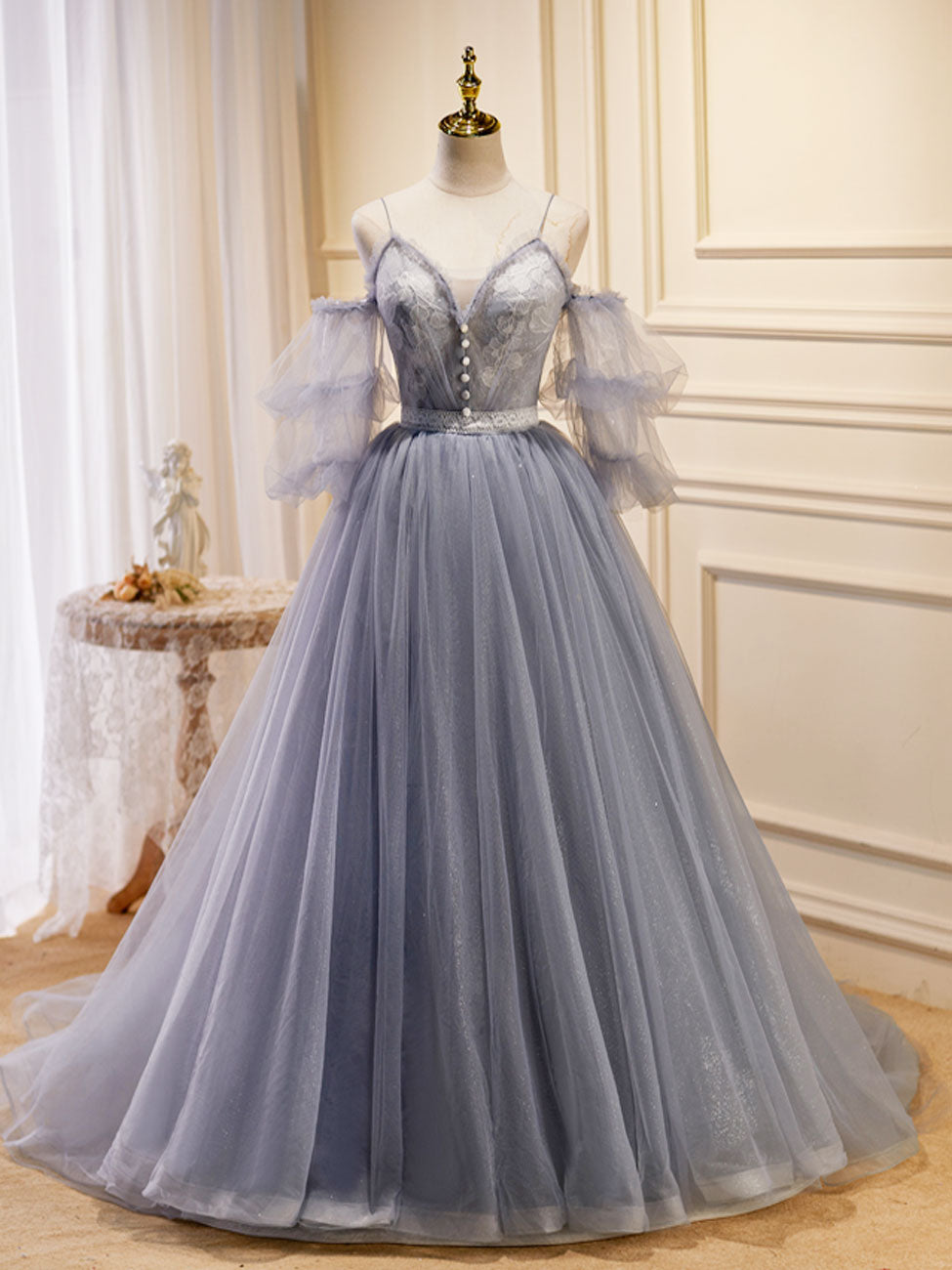 Gray Blue A-Line Tulle Lace Long Prom Dresses, Gray Blue Formal Graduation Dress US 2 / Custom Color Gray Blue A-Line Tulle Lace Long Prom Dresses, Gray Blue Formal Graduation Dress US 2 / Custom Color