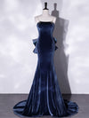 Mermaid Velvet Blue Long Prom Dresses, Blue Velvet Long Evening Dress