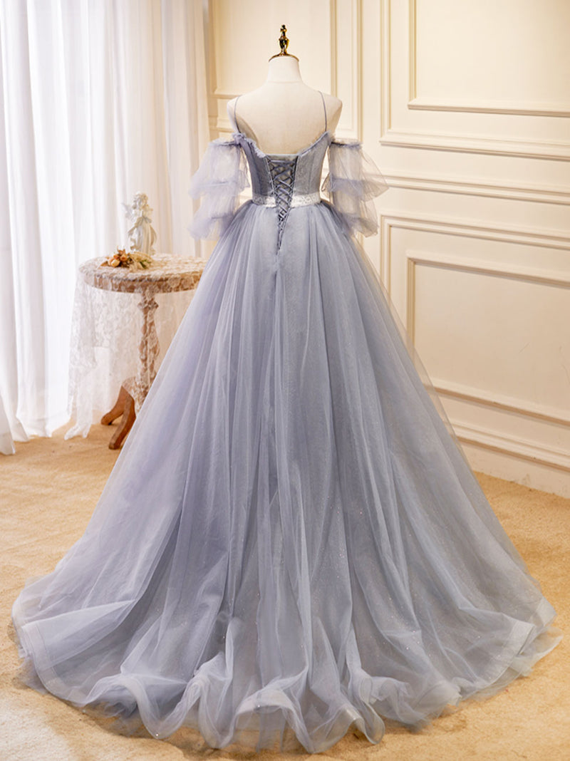Gray Blue A-Line Tulle Lace Long Prom Dresses, Gray Blue Formal Graduation Dress