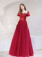 A-Line Burgundy Long Prom Dresses, Tulle Burgundy Evening Dresses with Beading
