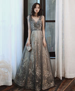 Gray V Neck Tulle Lace Sequin Long Prom Dress Gray Tulle Formal Dress