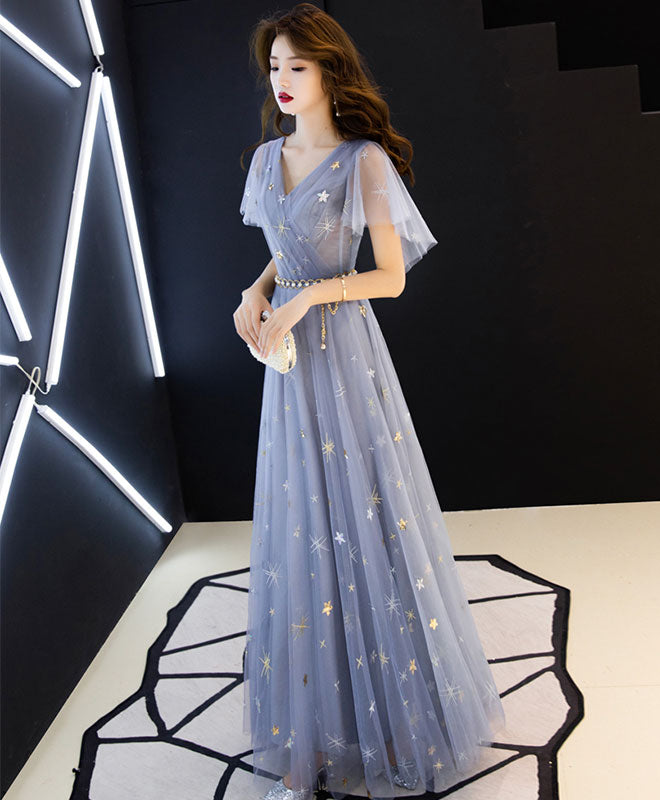Blue Aline Tulle Long Prom Dress, Blue Tulle Bridesmaid Dress