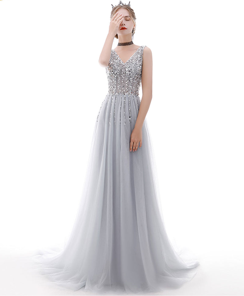 Gray V Neck Tulle Sequin Long Prom Dress Gray Tulle Formal Dress – shopluu
