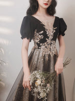 Black V Neck Tulle Lace Short Prom Dress, Black Lace Homecoming Dress