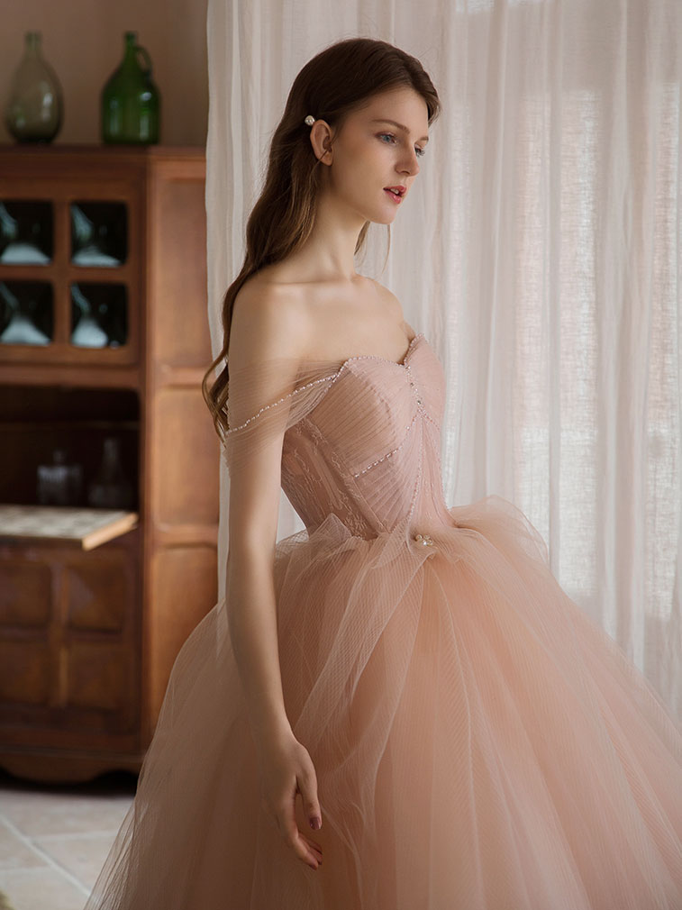 Pink Sweetheart Neck Tulle Long Prom Dress, Pink Evening Dress