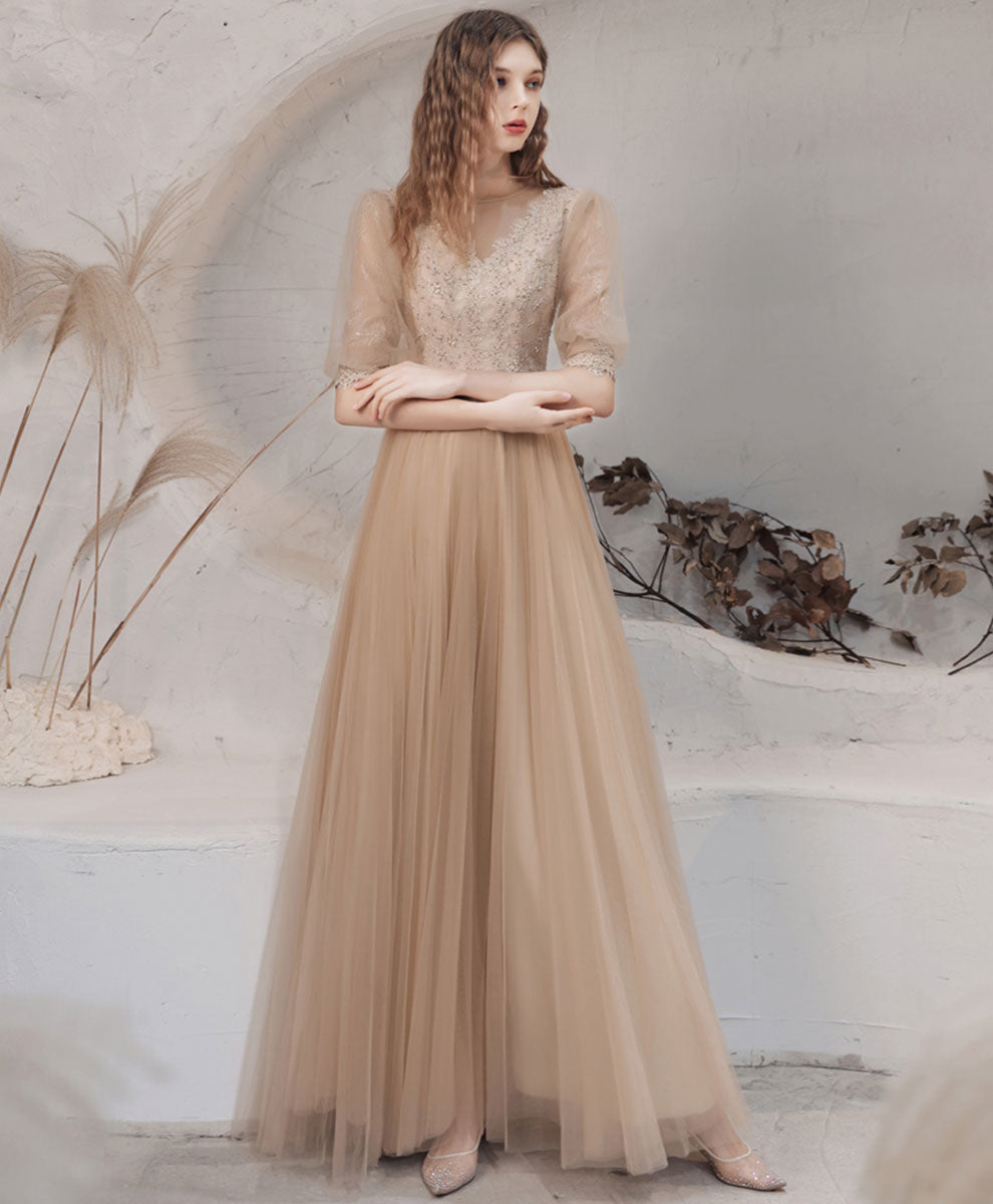 Champagne High Neck Tulle Lace Long Prom Dress, Champagne Graduation Dress