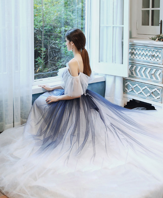 A-Line Sweetheart Tulle Blue Long Prom Dress Blue Tulle Evening Dress