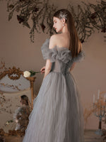 Gray Tulle Off Shoulder Long Prom Dress, Gray Tulle Formal Dress