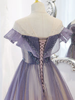 Purple Off Shoulder Tulle Sequin Long Prom Dress, Purple Evening Dress