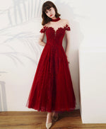 Burgundy High Neck Tulle Lace Tea Length Prom Dress, Lace Formal Evening Dress
