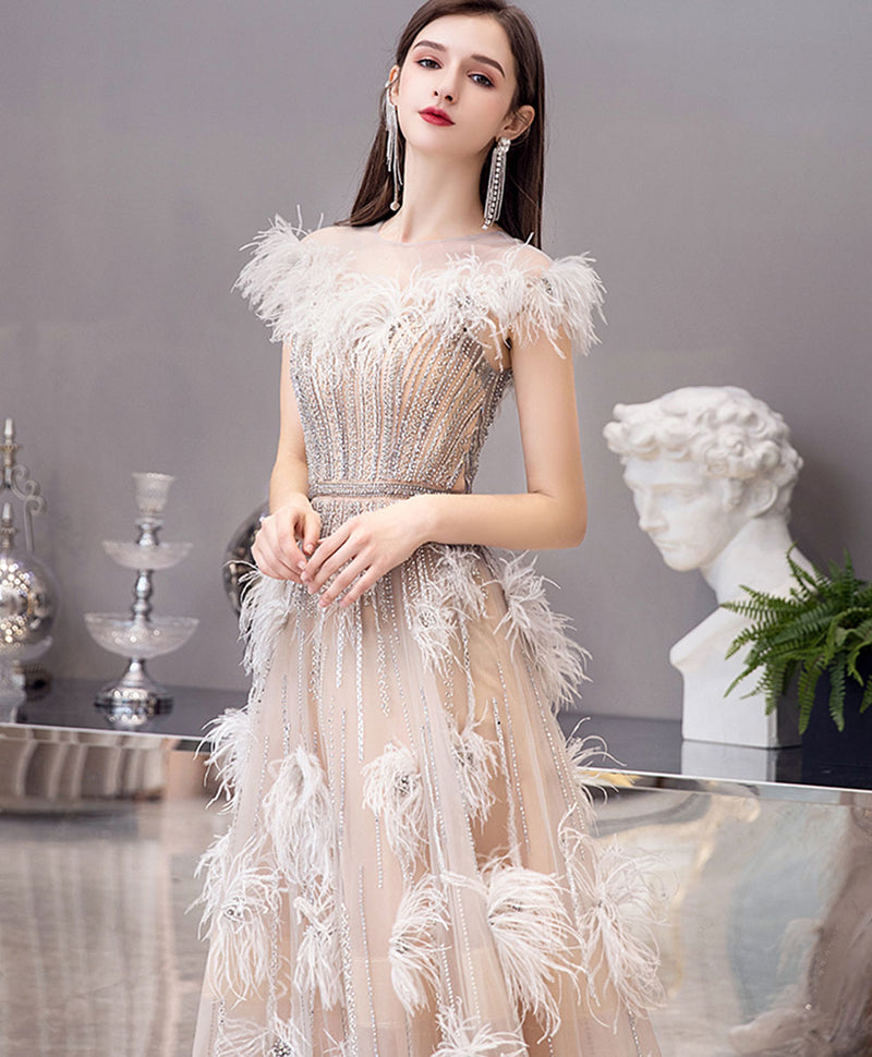 Champagne Tulle Beads Long Prom Dress, Champagne Formal Evening Dress