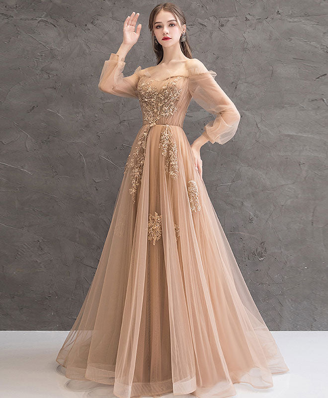 Champagne Tulle Lace Long Prom Dress Champagne Tulle Evening Dress