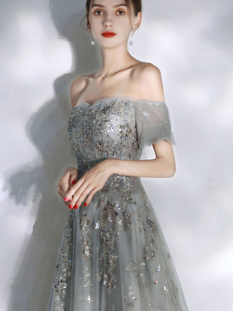 Gray Tulle Sequin Lace Long Prom Dress, Gray Tulle Formal Dress