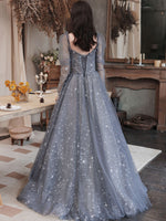 Gray Blue Tulle Lace Long Prom Dress, Gray Tulle Lace Evening Dress