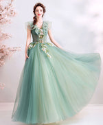 Green V Neck Tulle Lace Long Prom Dress, Green Evening Dress