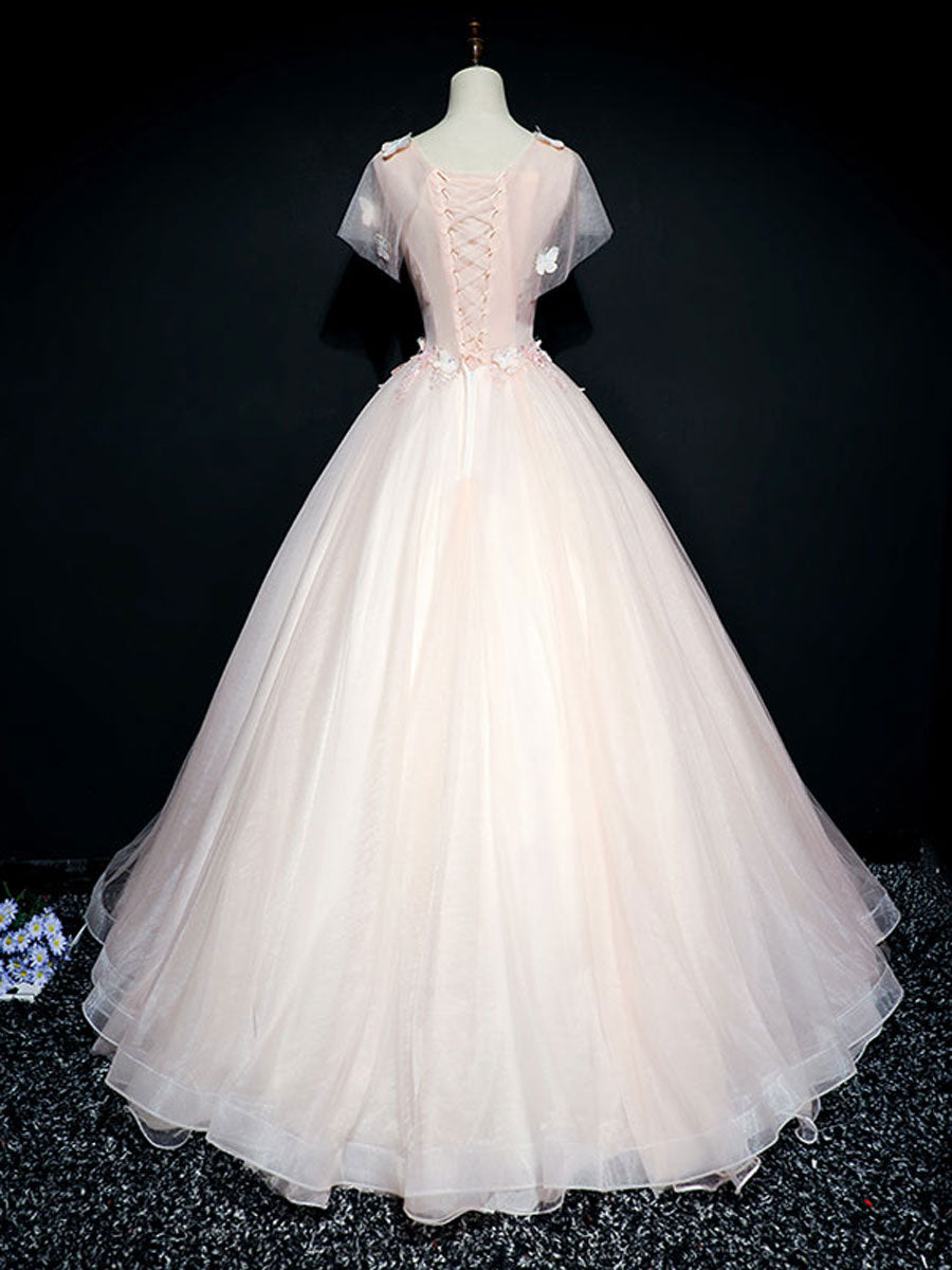 Pink Round Neck Tulle Lace Long Prom Dress, Pink Tulle Formal Dress