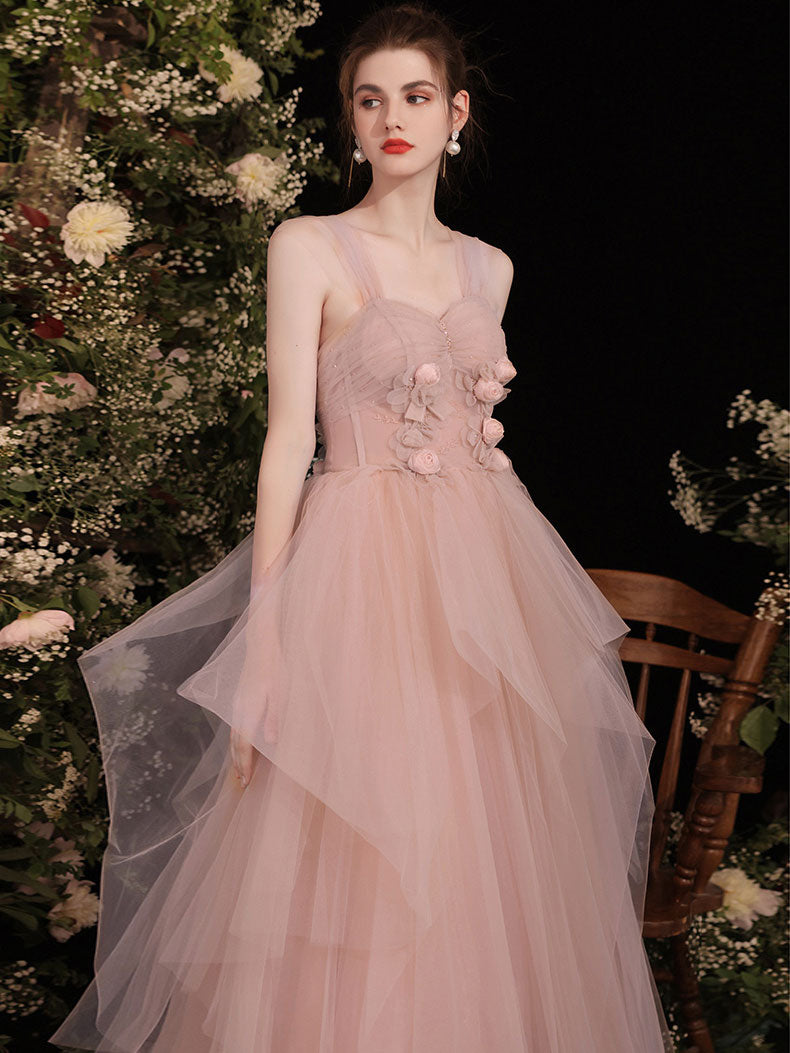 Pink Sweetheart Tulle Long Prom Dress, Pink Tulle Formal Dress