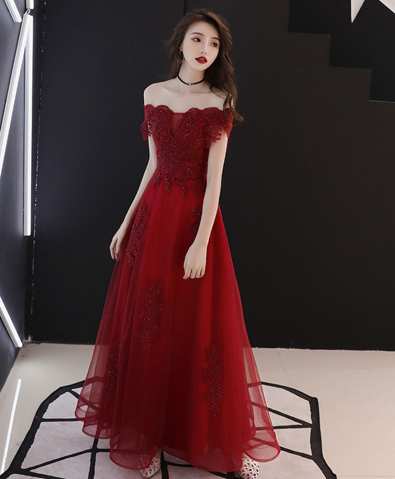 Burgundy Tulle Off Shoulder Lace Tea Length Prom Dress Lace Evening Dress