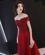Burgundy Tulle Off Shoulder Lace Tea Length Prom Dress Lace Evening Dress