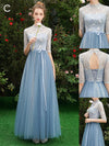 Simple A line Lace Blue Long Prom Dresses, Blue Lace Bridesmaid Dresses
