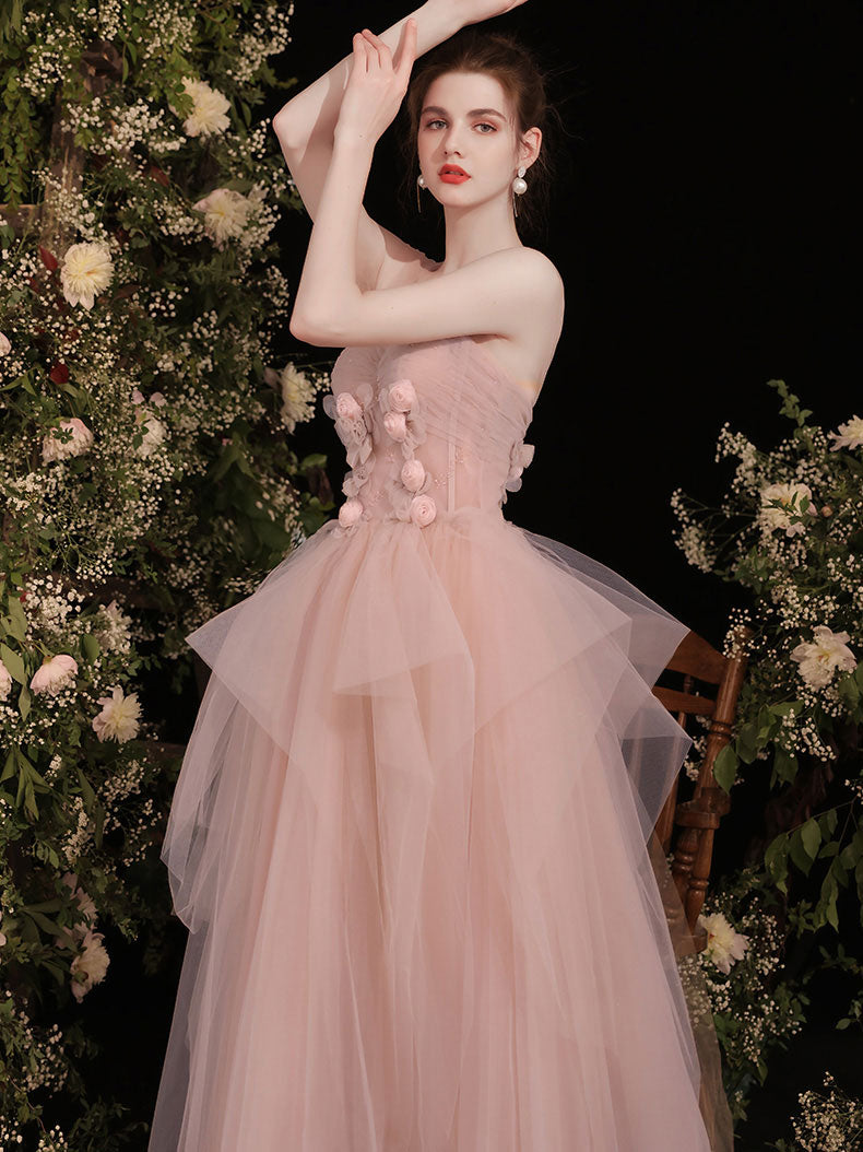 Pink Sweetheart Tulle Long Prom Dress, Pink Tulle Formal Dress