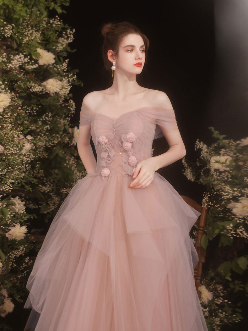 Pink Sweetheart Tulle Long Prom Dress, Pink Tulle Formal Dress