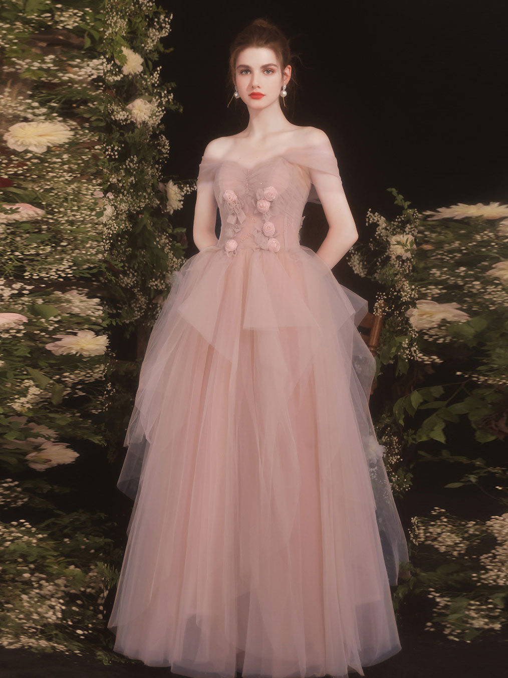 Pink Sweetheart Tulle Long Prom Dress, Pink Tulle Formal Dress