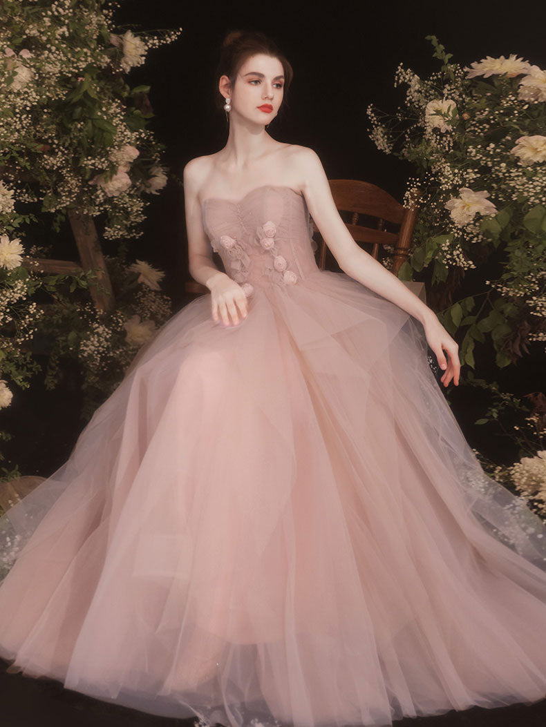 Pink Sweetheart Tulle Long Prom Dress, Pink Tulle Formal Dress