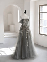 Gray Sweetheart Neck A line Lace Long Prom Dress, Gray Formal Dress