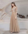 Champagne High Neck Tulle Lace Long Prom Dress, Champagne Graduation Dress