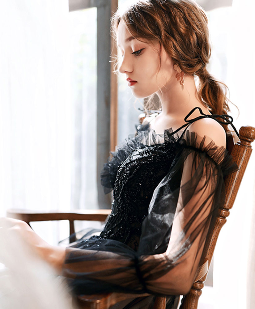 Black Tulle Lace Long Prom Dress Black Lace Evening Dress