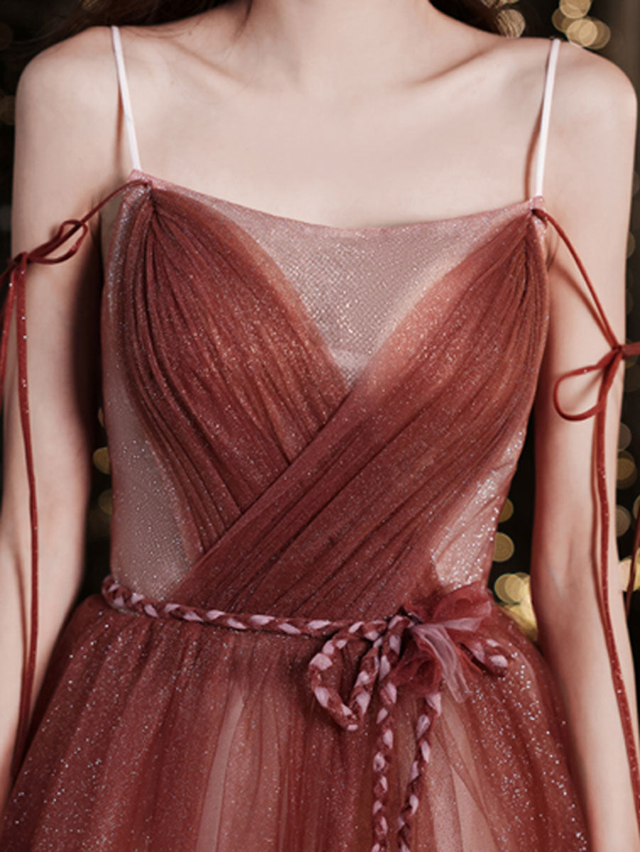 Simple Burgundy Tulle Long Prom Dress, Burgundy Formal Graduation Dress