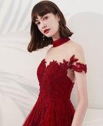 Burgundy High Neck Tulle Lace Tea Length Prom Dress, Lace Formal Evening Dress
